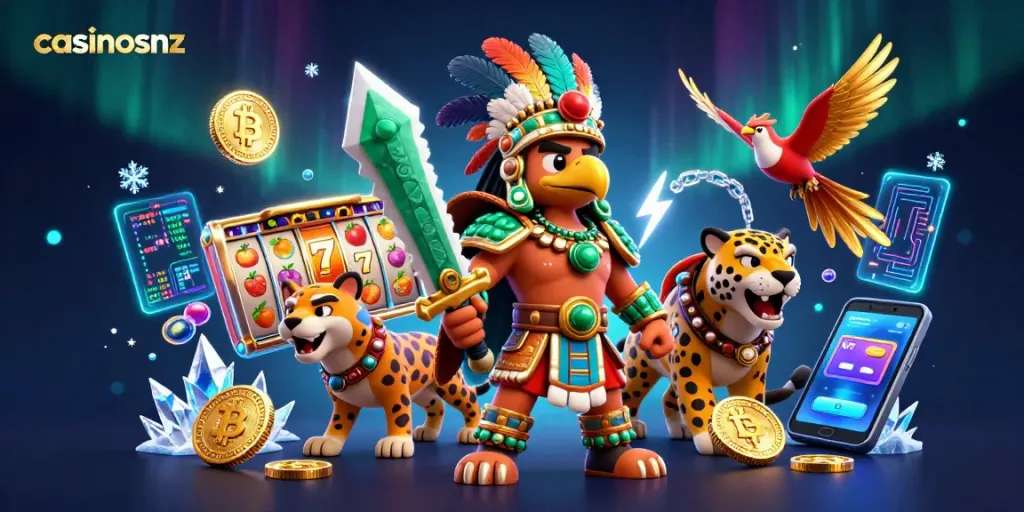 Engage with casinosnz through immersive slot gameplay featuring vibrant characters and crypto elements.