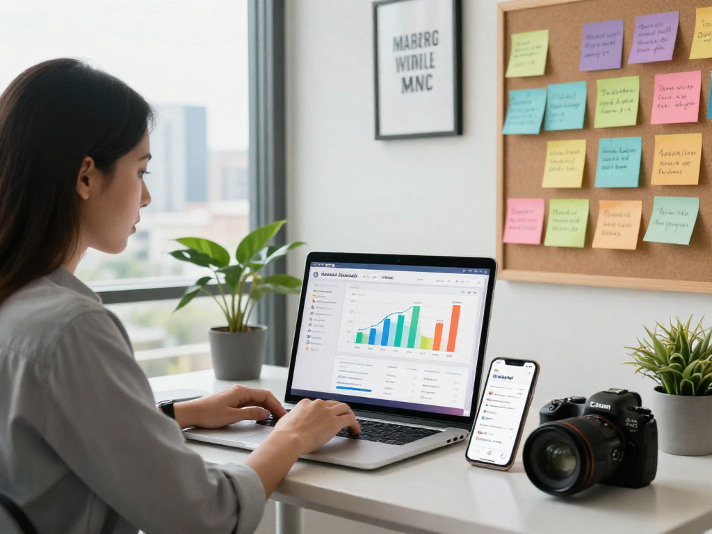 Purchase app downloads in a modern digital marketing office with app metrics and strategy notes.