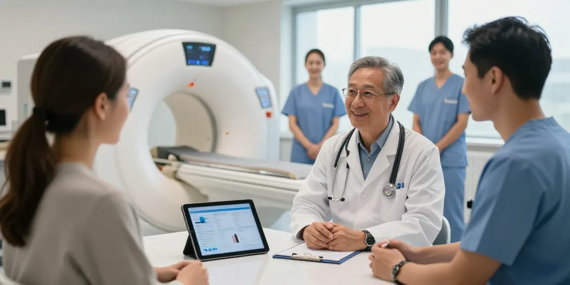 Röntgenreizbestrahlung in der Nähe, Arzt erklärt Behandlung in moderner Radiologiepraxis.