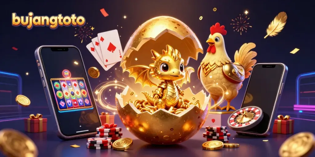 Experience the thrill of bujangtoto with a golden baby dragon and dynamic gaming elements.