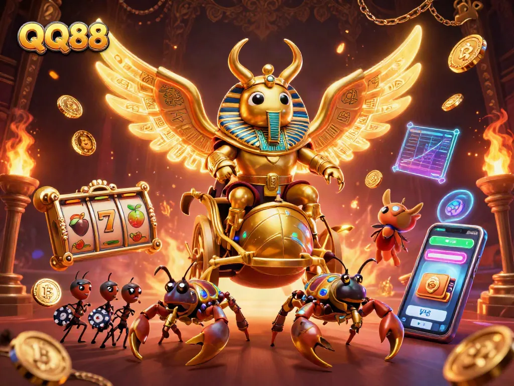 Engage with QQ88's thrilling casino experience featuring vibrant slot elements and dynamic characters.