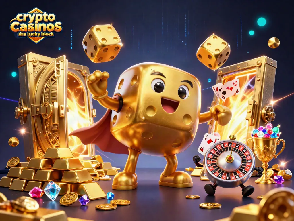 Engage in vibrant gaming with crypto casinos like Lucky Block, featuring dynamic characters amidst treasure.