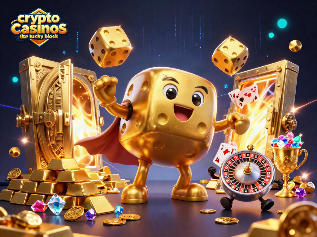 Engage in vibrant gaming with crypto casinos like Lucky Block, featuring dynamic characters amidst treasure.