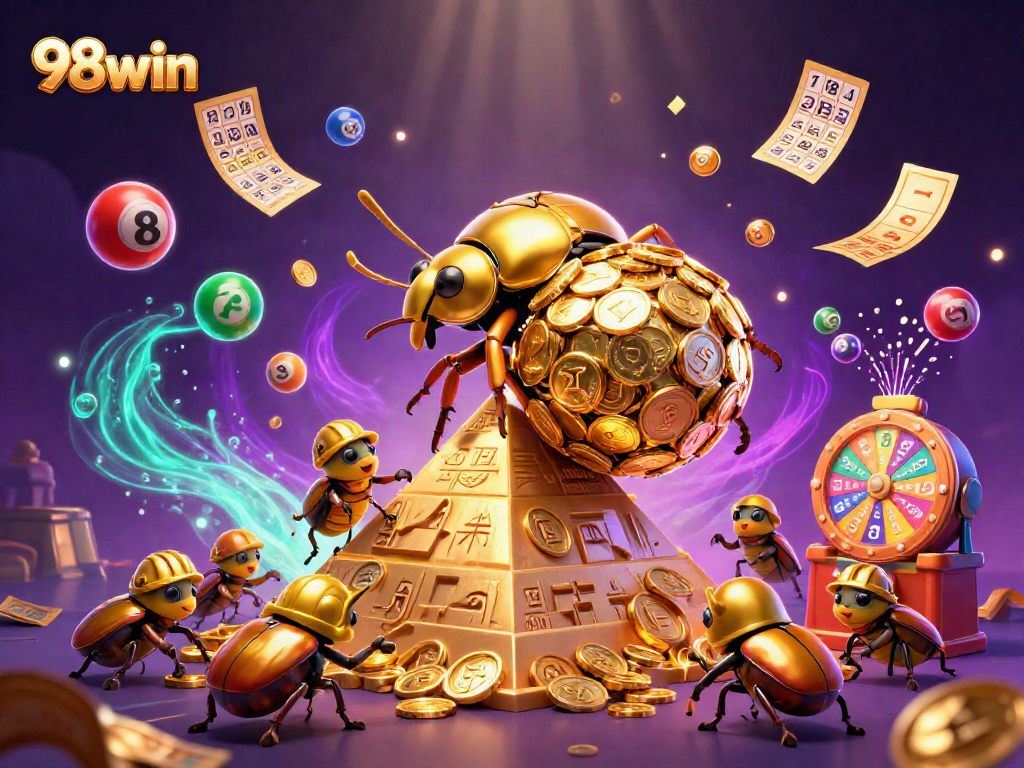 Engage with the golden fun of 98win as beetles celebrate a vibrant casino scene.