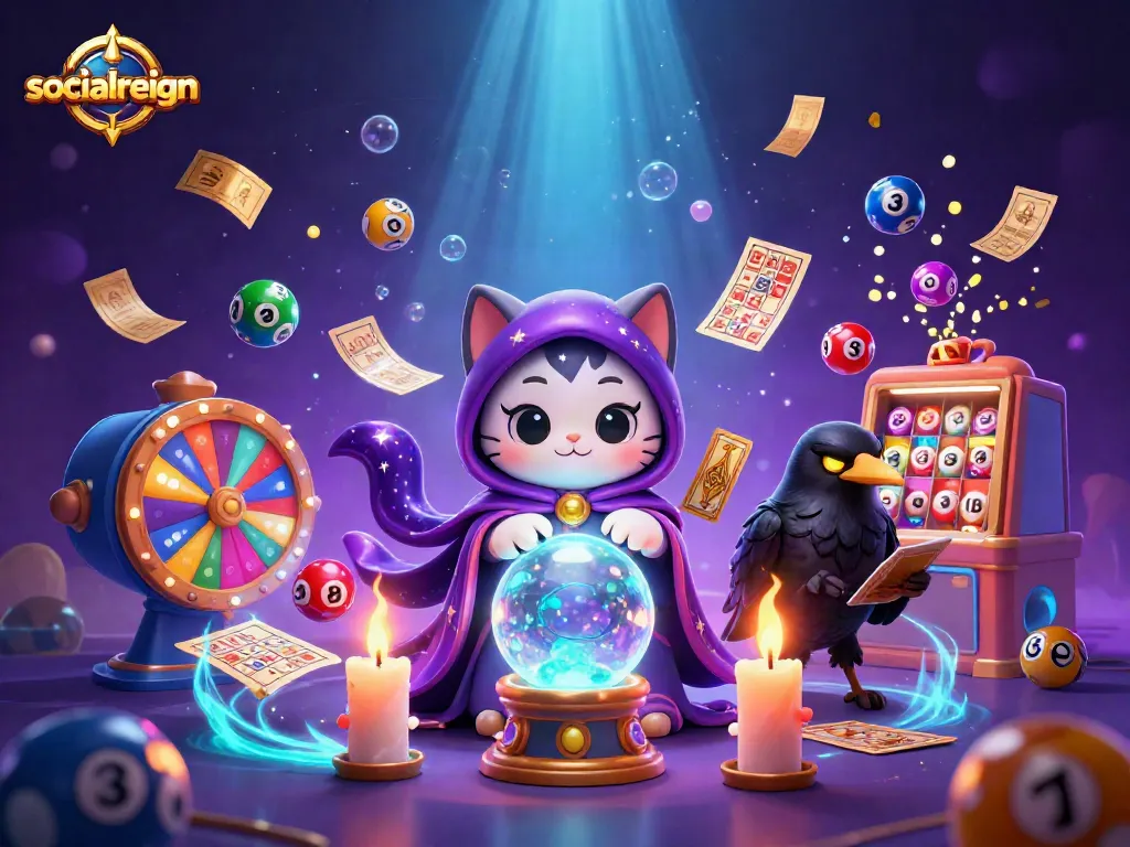 Experience thrilling lottery action with socialreign's vibrant 3D casino illustration featuring games and prizes.