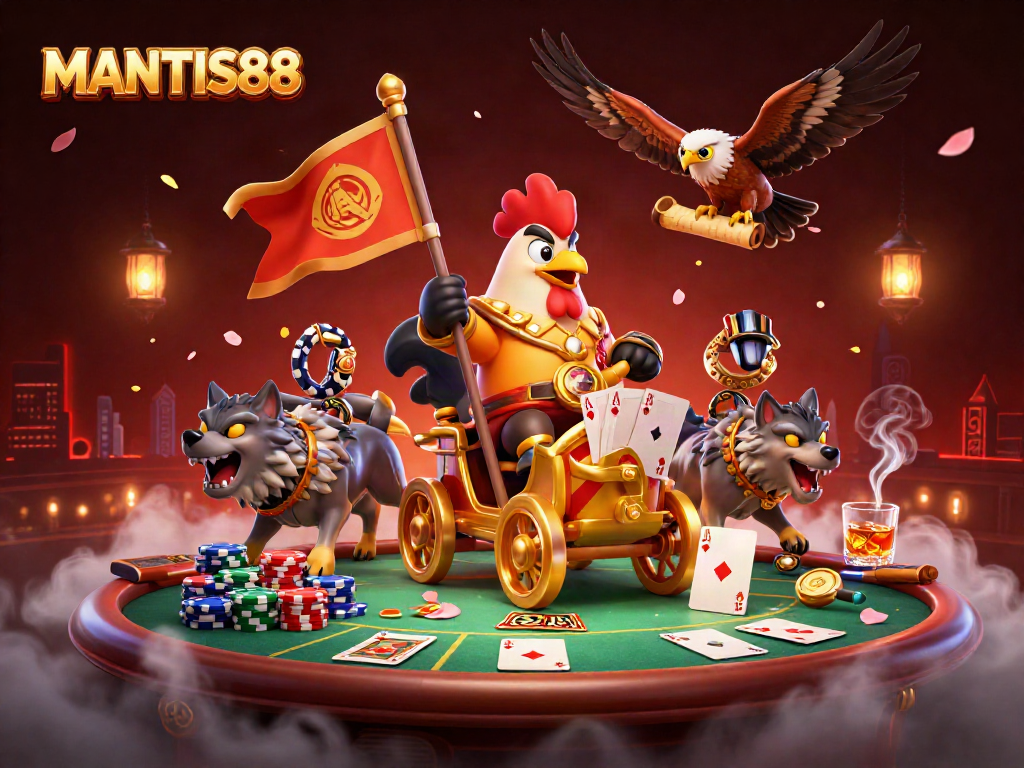 MANTIS88 features a dynamic scene with a rooster warlord in a golden chariot amidst poker elements and rich casino vibes.