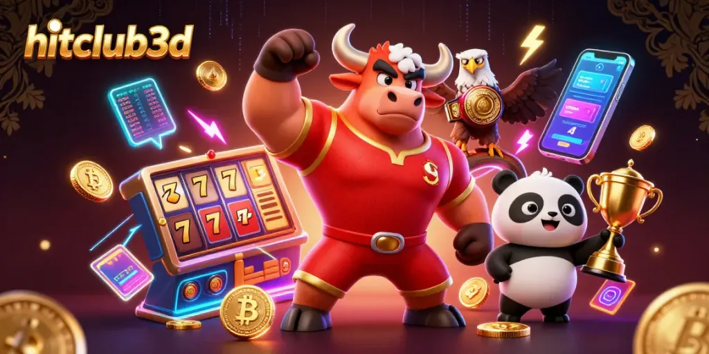 Spin the reels at hitclub3d with a triumphant bull mascot, gold coins, and vibrant game elements.