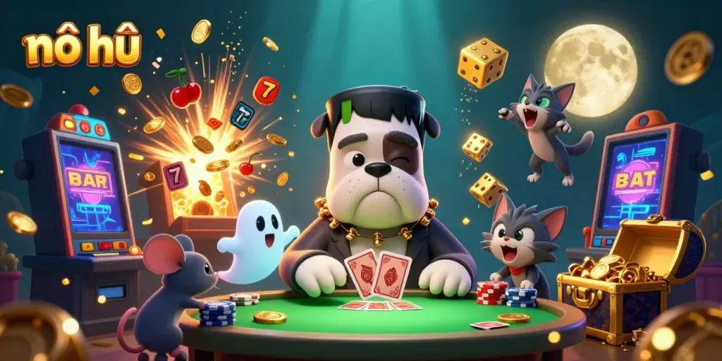Engage in nổ hũ with vibrant slot elements and a spooky casino atmosphere, showcasing thrilling gameplay and excitement.