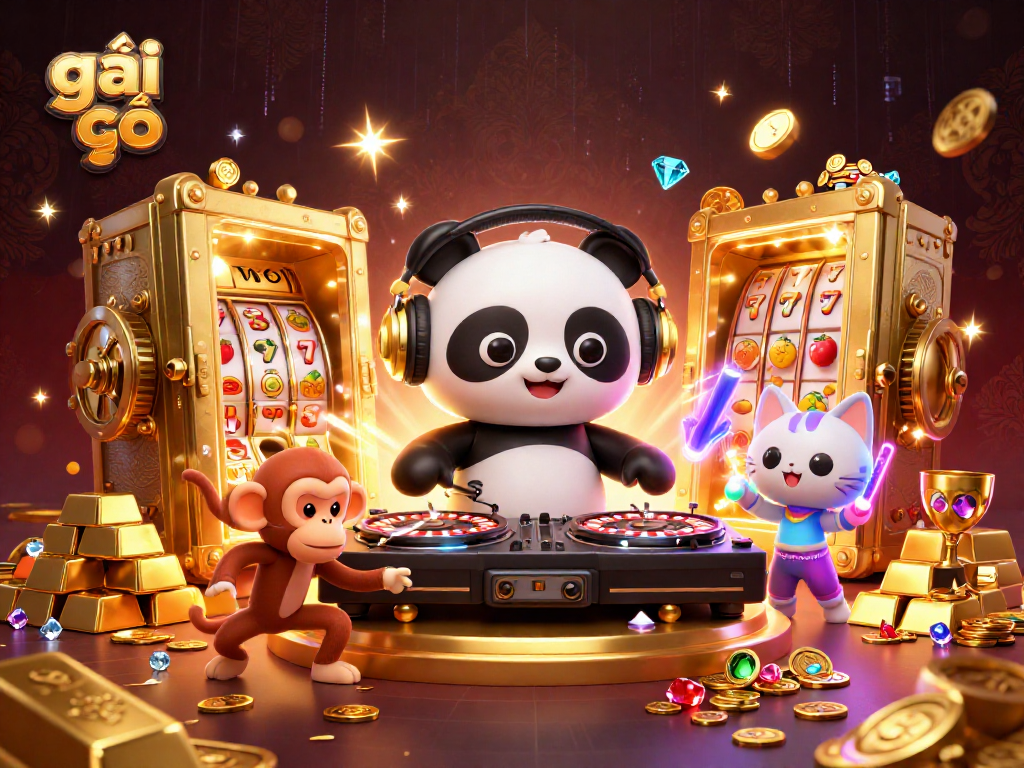 Join the fun of gái gọi with a lively DJ panda and breakdancing monkey in a rich casino environment.