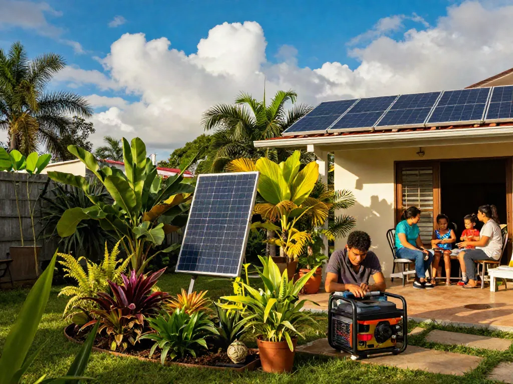 Plantas eléctricas Venezuela en jardín familiar, mostrando generadores eléctricos y paneles solares.