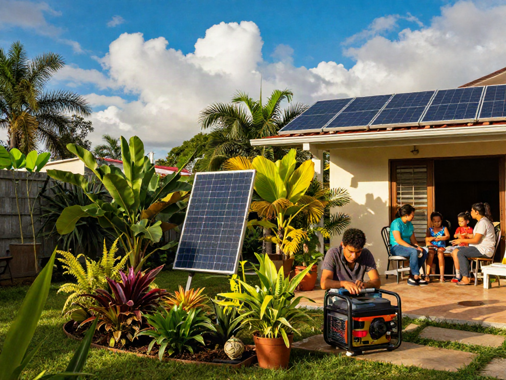 Plantas eléctricas Venezuela en jardín familiar, mostrando generadores eléctricos y paneles solares.
