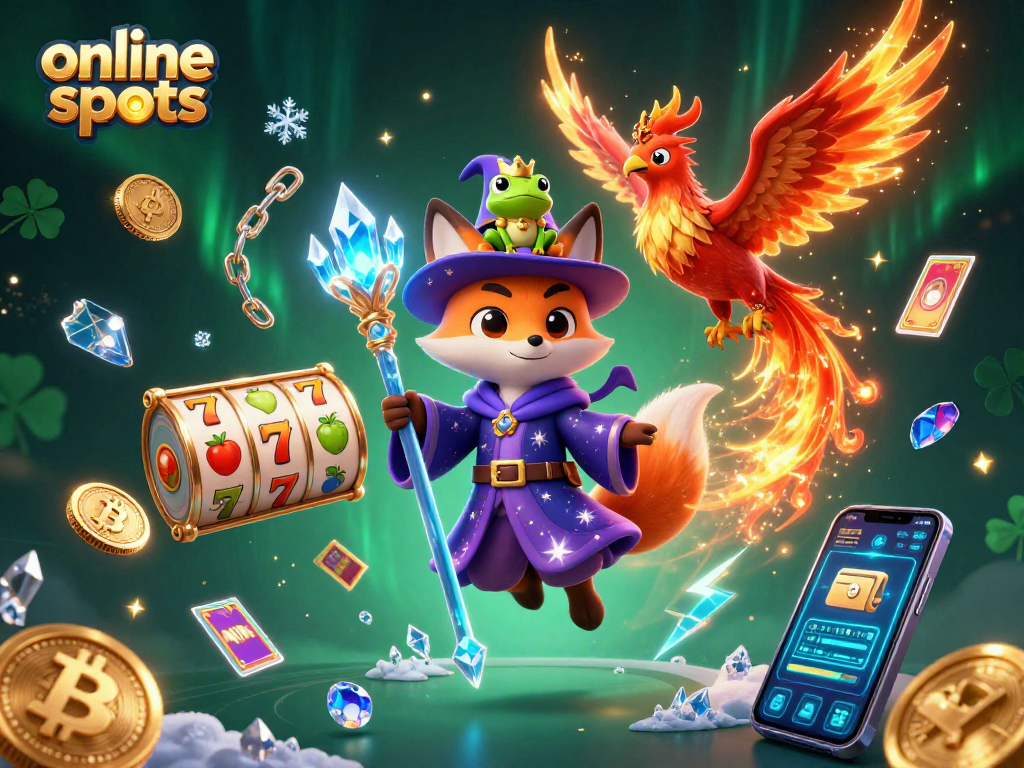 Engage with thrilling online slots in a mystical 3D illustration featuring unique characters and vivid game elements.