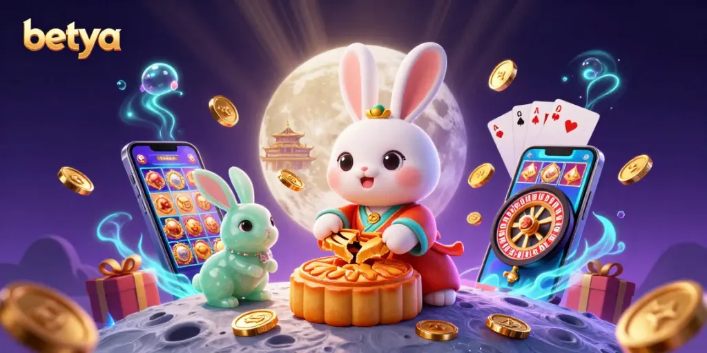 Betya's lively scene brings together a moon rabbit highlighting engaging casino games with dynamic slot and poker elements.
