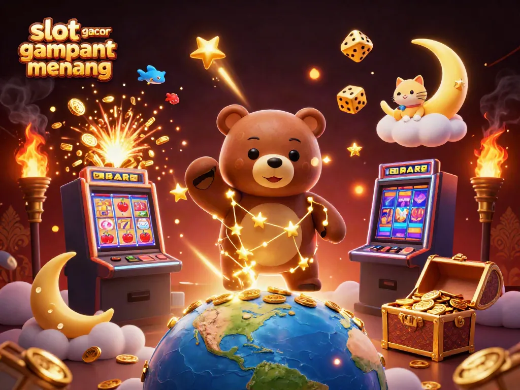 Experience excitement with slot gacor gampang menang as a constellation bear scoops coins amidst vibrant casino elements.
