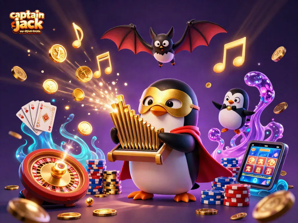 Spin to win with captain jack no deposit bonus codes, featuring a penguin organist and dynamic casino elements.