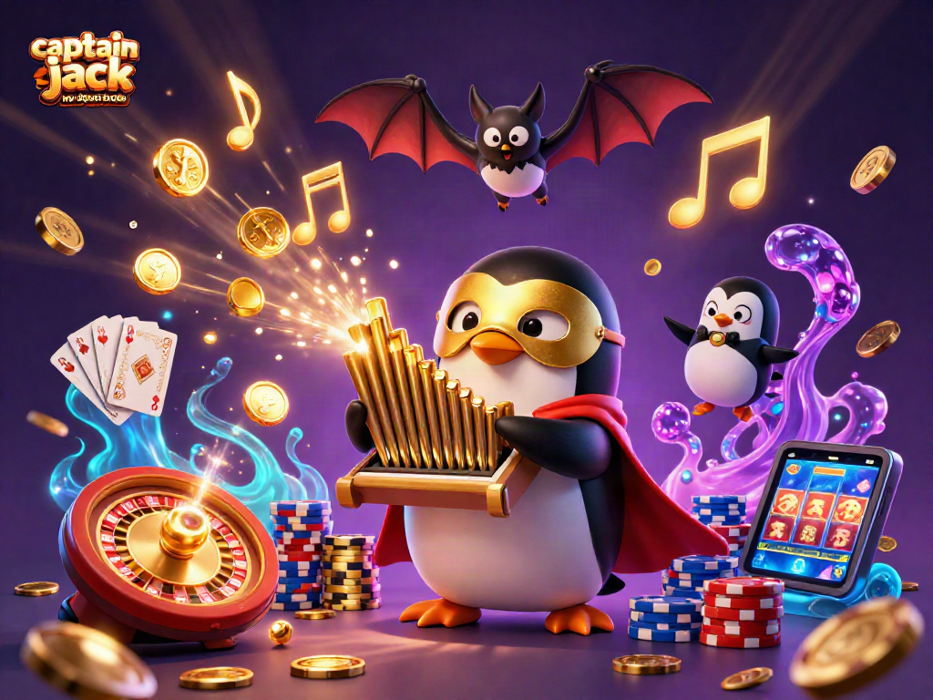 Spin to win with captain jack no deposit bonus codes, featuring a penguin organist and dynamic casino elements.