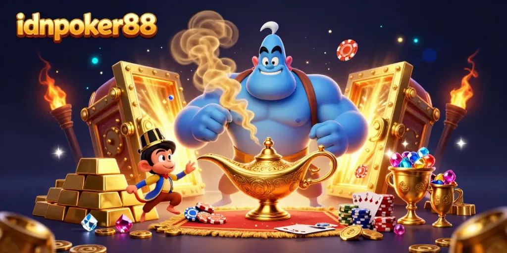 Experience thrilling gameplay with idnpoker88 in a vibrant casino scene featuring poker elements and treasure.