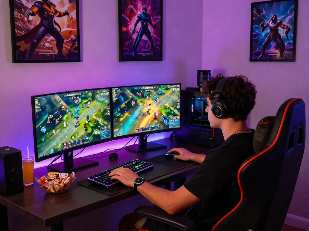 Pengguna Kanjengslot sedang bermain game online dengan laptop dan monitor ganda di ruang gaming modern.