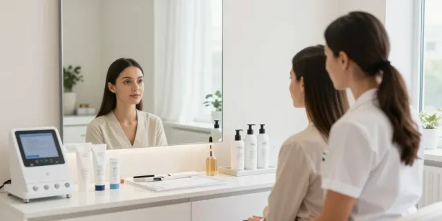 Augenringe entfernen Beratungsszene in einer modernen Schönheitsklinik mit ästhetischen Produkten.