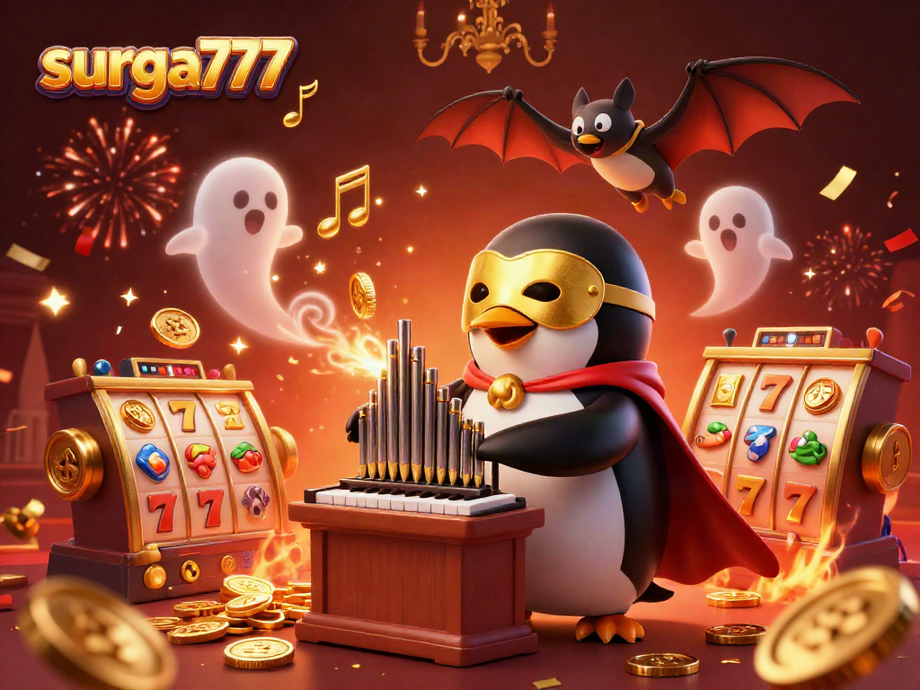 Experience the thrill of surga777 with a whimsical 3D scene of a penguin organist and slot reels.