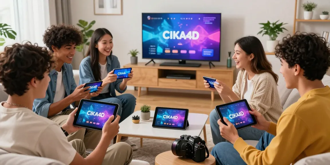 Friends enjoying CIKA4D digital gaming experience on tablets and smartphones in a cozy living room.