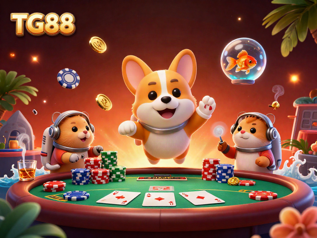 Experience the thrill of TG88 with an astronaut corgi and vibrant casino elements in zero gravity.