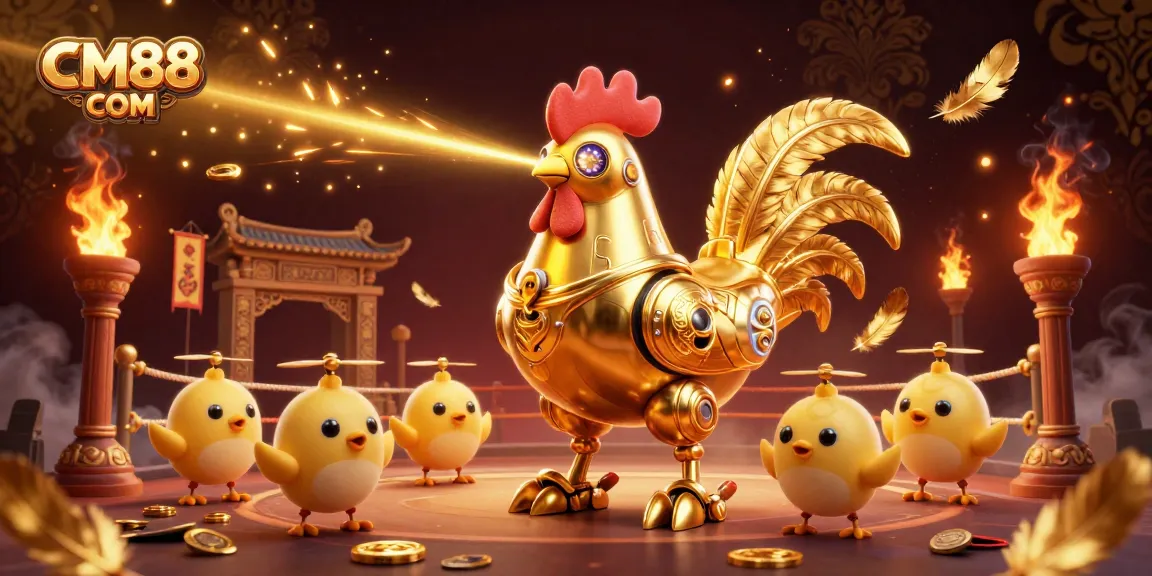 Engage in thrilling casino action with CM88 COM's golden rooster robot and chick drones.