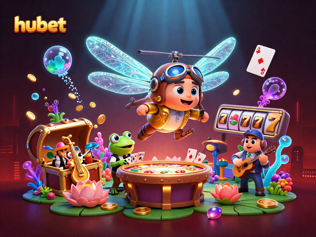 Engage with HUBET’s thrilling casino experience featuring exciting slot reels and colorful characters.