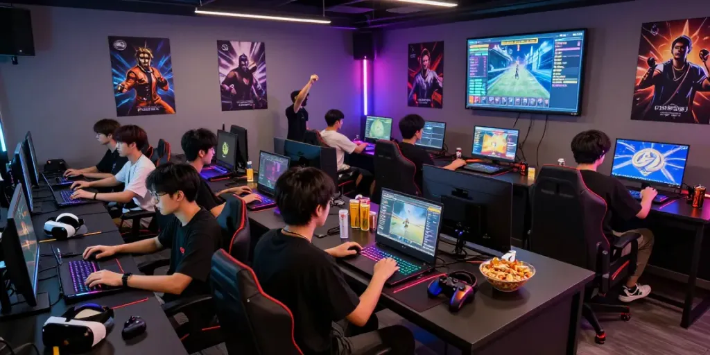 Players engaging in QQMacan games in a vibrant gaming lounge with modern tech.