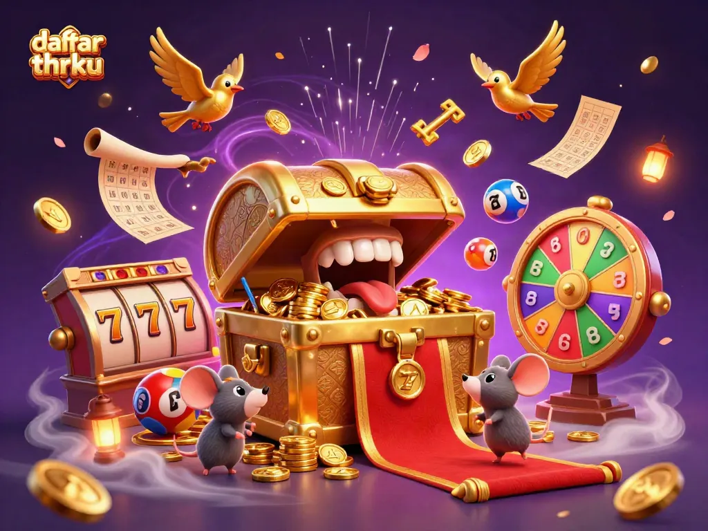 Experience the thrill of daftar thrku with vibrant lottery elements and gold treasures in a dynamic casino scene.