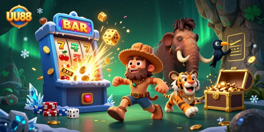 UU88 transforms gambling excitement with a lively 3D comic scene of a caveman and tiger running a prehistoric casino.