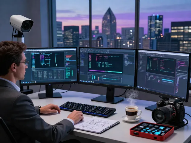 Digital investigations setup showcasing a forensic analyst reviewing evidence in a modern office.