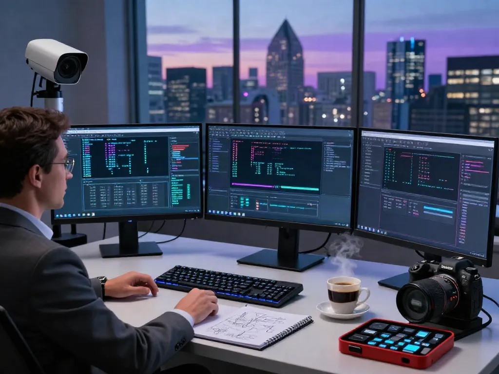 Digital investigations setup showcasing a forensic analyst reviewing evidence in a modern office.
