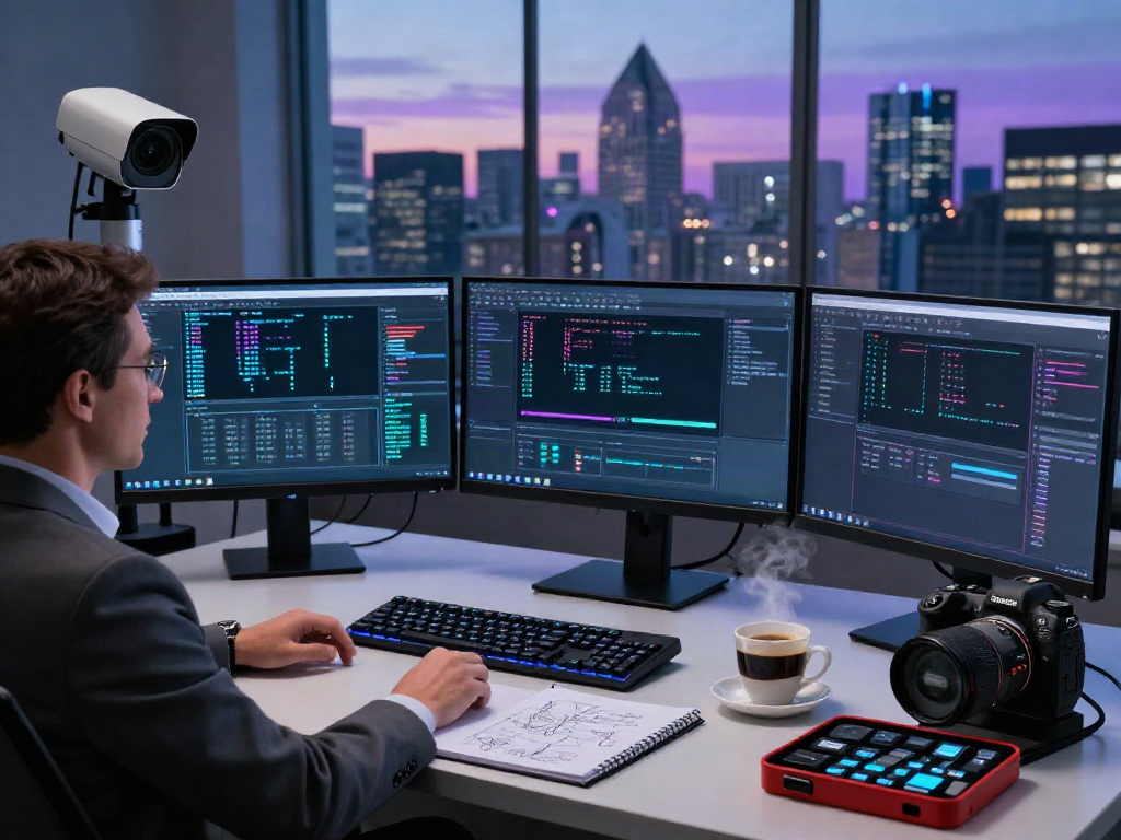 Digital investigations setup showcasing a forensic analyst reviewing evidence in a modern office.