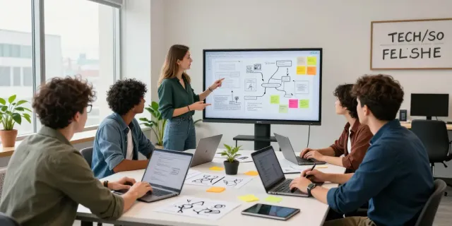 Productive team collaborating on mvp development service in a modern workspace