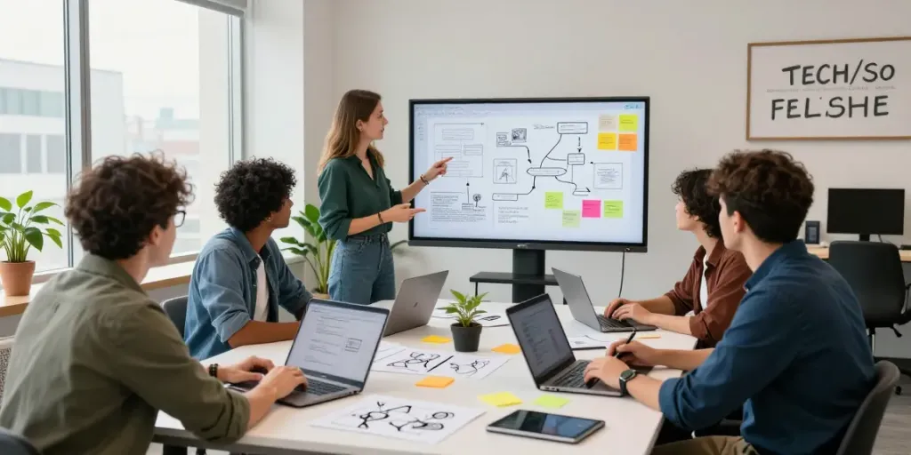 Productive team collaborating on mvp development service in a modern workspace