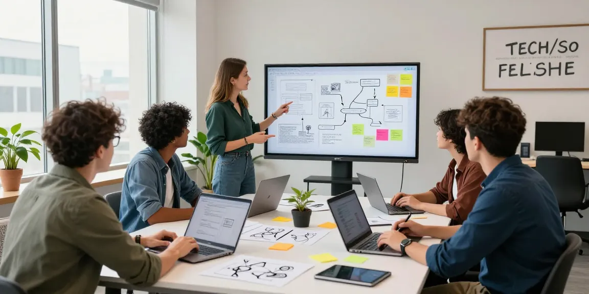 Productive team collaborating on mvp development service in a modern workspace