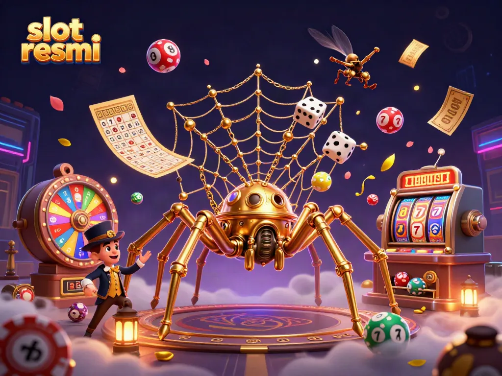 Engaging illustration of slot resmi featuring a whimsical steampunk spider, dice, and lively gaming elements.