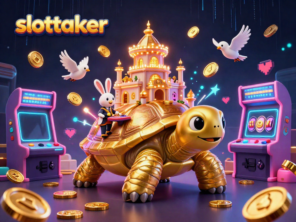 Engage with slottalker’s vibrant community around a whimsical casino scene featuring a golden tortoise and rabbit dealer.