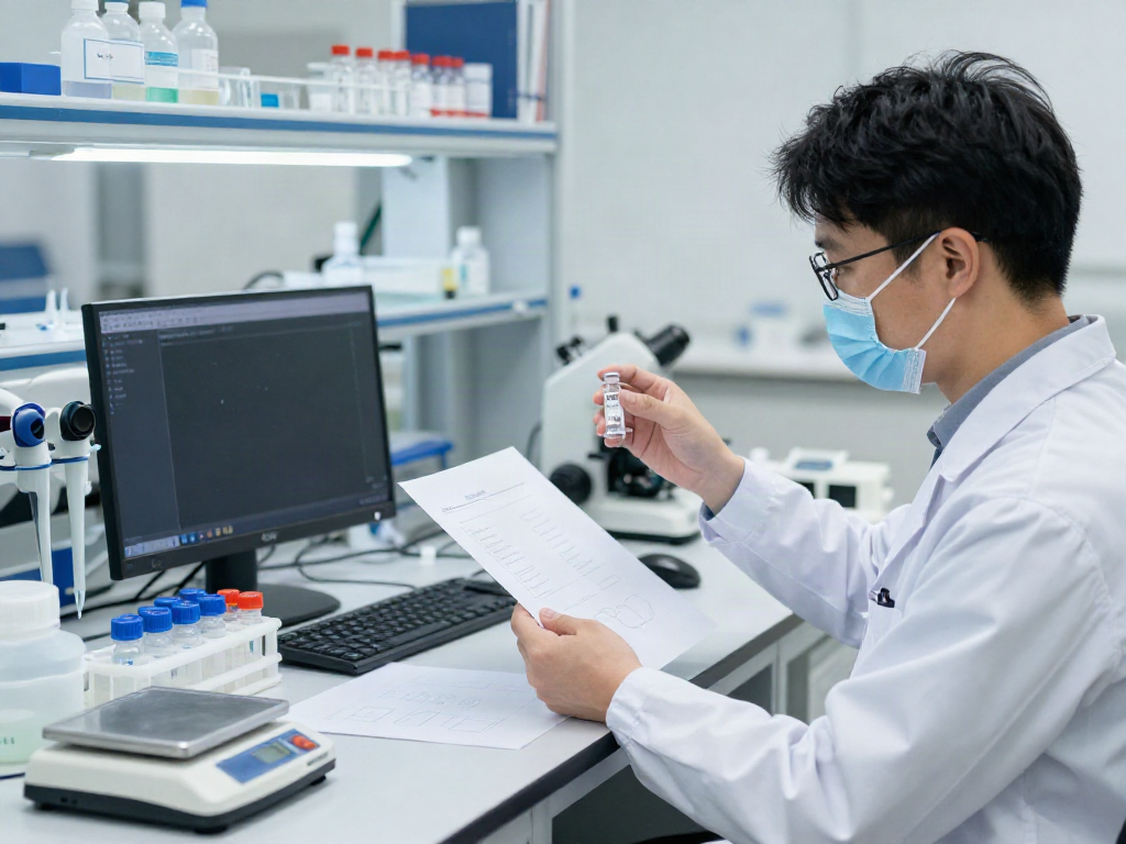 Researcher examining ARA-290 peptide in a laboratory, highlighting precision and quality in scientific analysis.