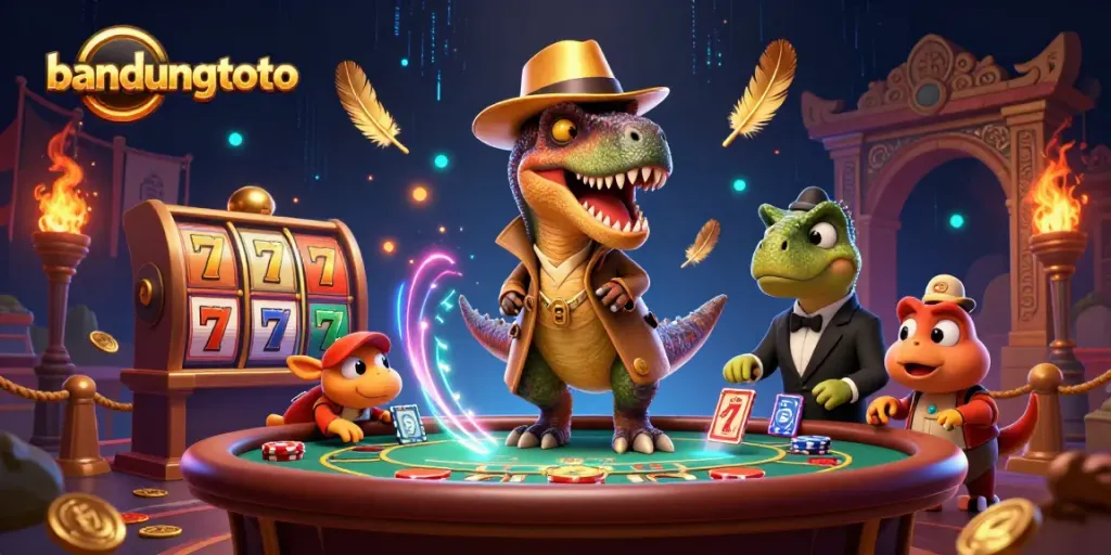 Experience the thrill at bandungtoto with a velociraptor card counter and pit boss amidst dynamic casino elements.