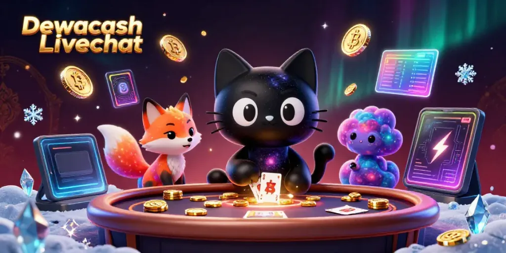 Dewacash Livechat showcases a cosmic casino scene with animated characters and vibrant gaming elements.