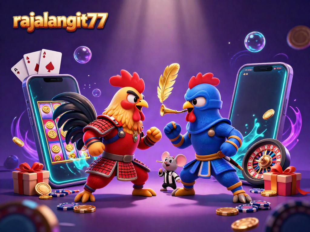 Gambaran pertarungan ayam dengan rajalangit77, memperlihatkan roosters bersenjata dalam arena judi yang energik