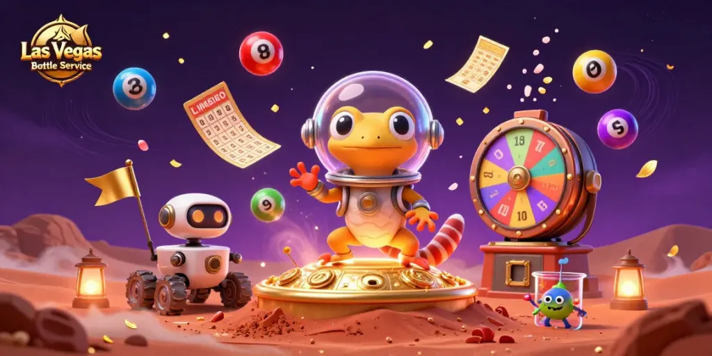 Experience Las Vegas Bottle Service with a vibrant, energetic scene featuring cartoon Martian gecko in a casino setting.