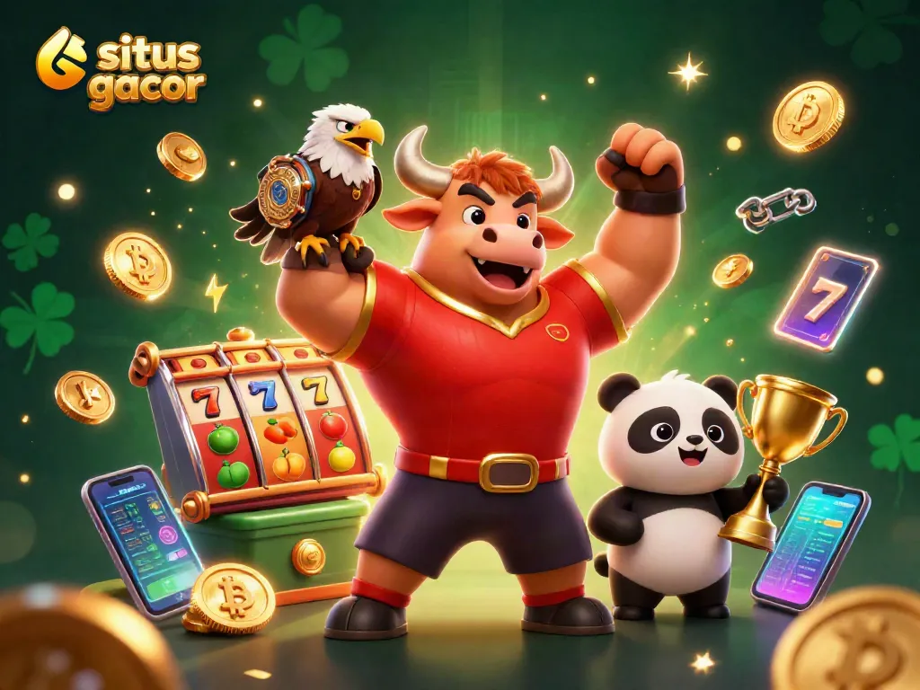 Situs gacor offers dynamic gaming excitement with a 3D cartoon bull, eagle, and panda celebrating big wins.