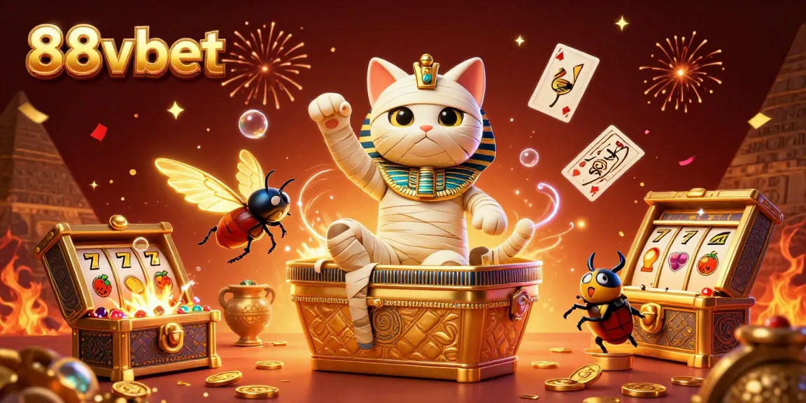 Experience thrilling action with 88vbet as the Egyptian mummy cat battles for riches in a vibrant casino scene.