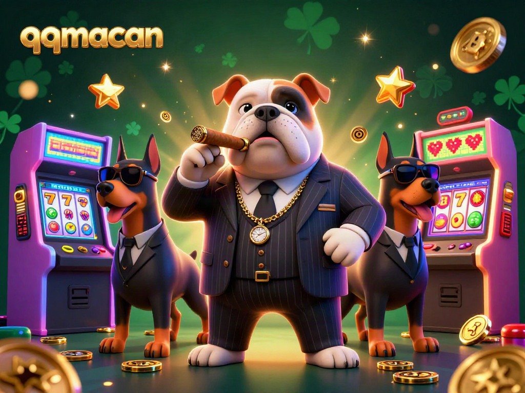 Engage with qqmacan through an exciting 3D cartoon scene featuring a mafia boss bulldog and action-packed casino elements.