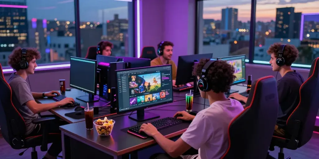 Dynamic scene of players enjoying engaging game online experience in a vibrant urban gaming setup.