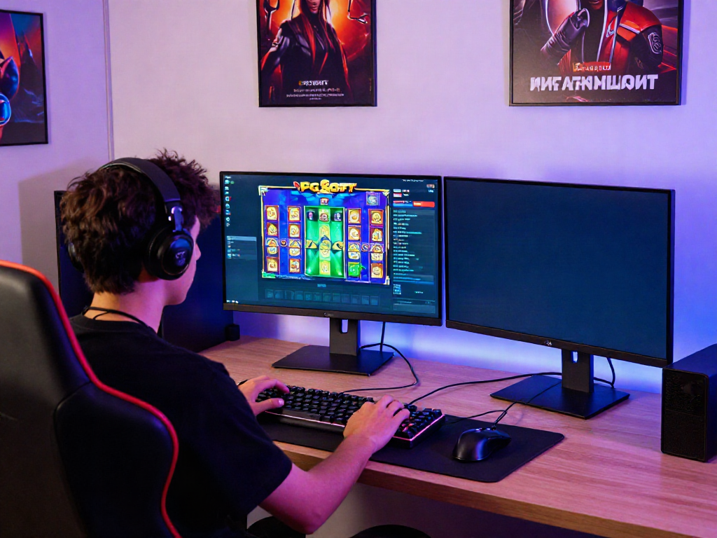 Engaged gamer playing slot thailand games on dual monitors in a stylish gaming setup.