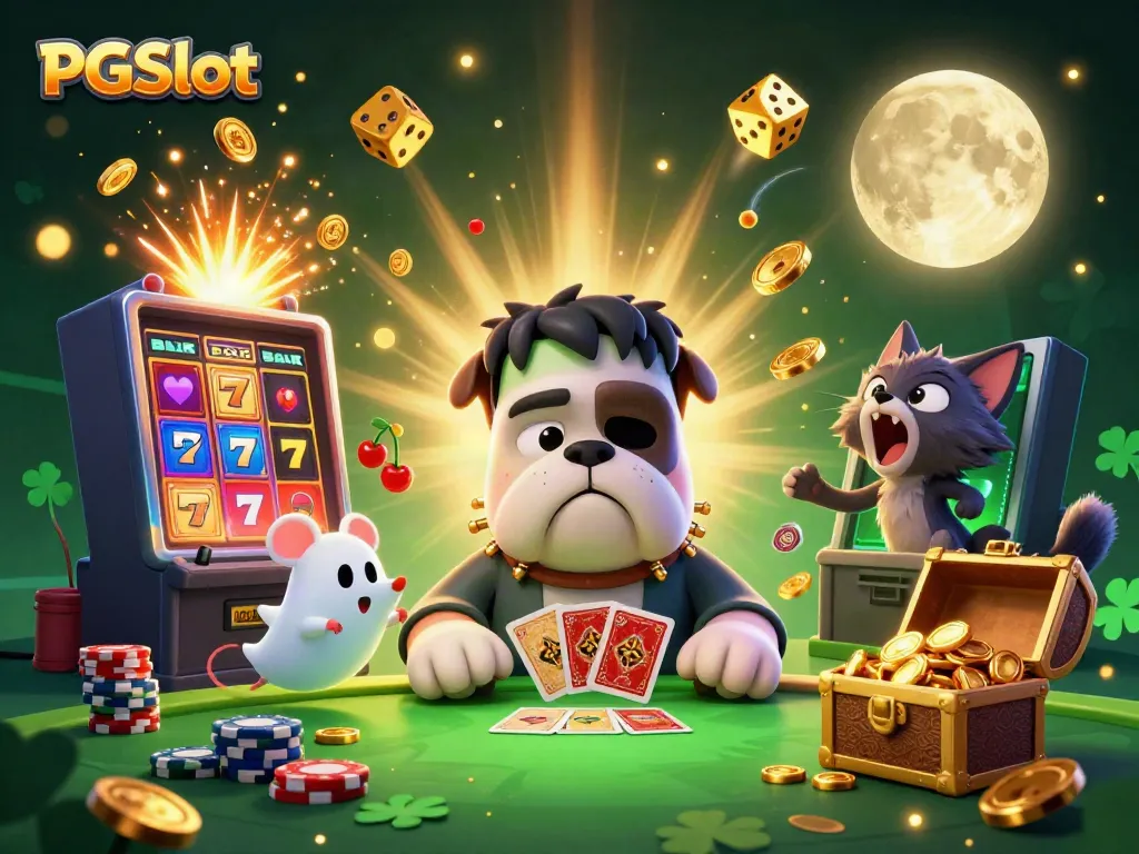 Engage with PGSlot's thrilling atmosphere as a bulldog dealer and magical companions fill the casino scene.